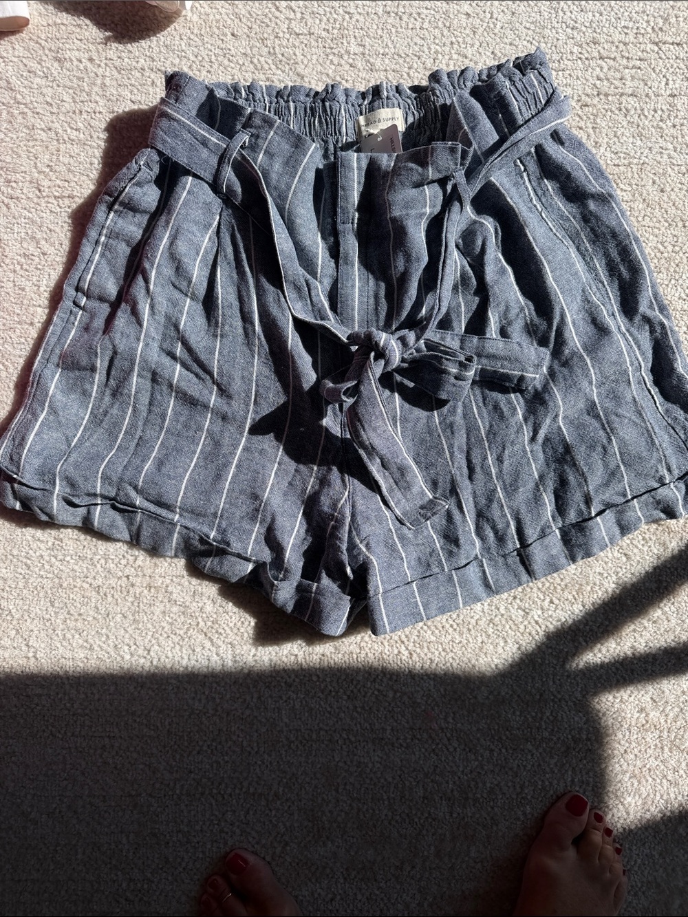 Thread & Supply Blue-Gray Pinstripe Paperbag Waist Shorts with Tie